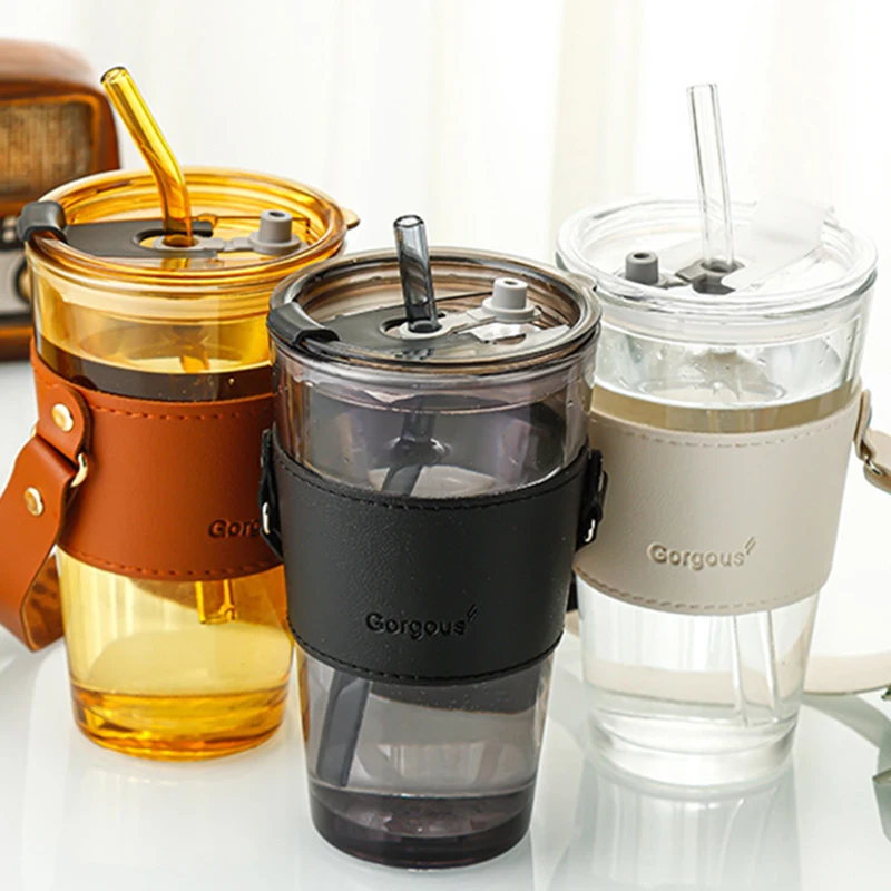 Glass Straw Cup With Thermal Insulation Cover 350/450ml Portable Coffee  Milk Tea Juice Reusable Glass Office And Household