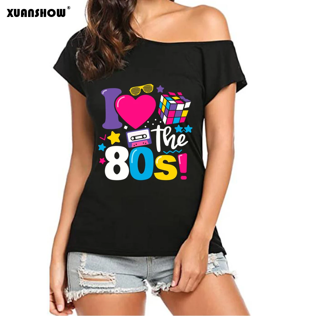 XUANSHOW 2024 Summer I Love the 80s Emotional Element T-shirt Sexy Off Shoulder Tops Short Sleeve Letters Printed Tee Shirt