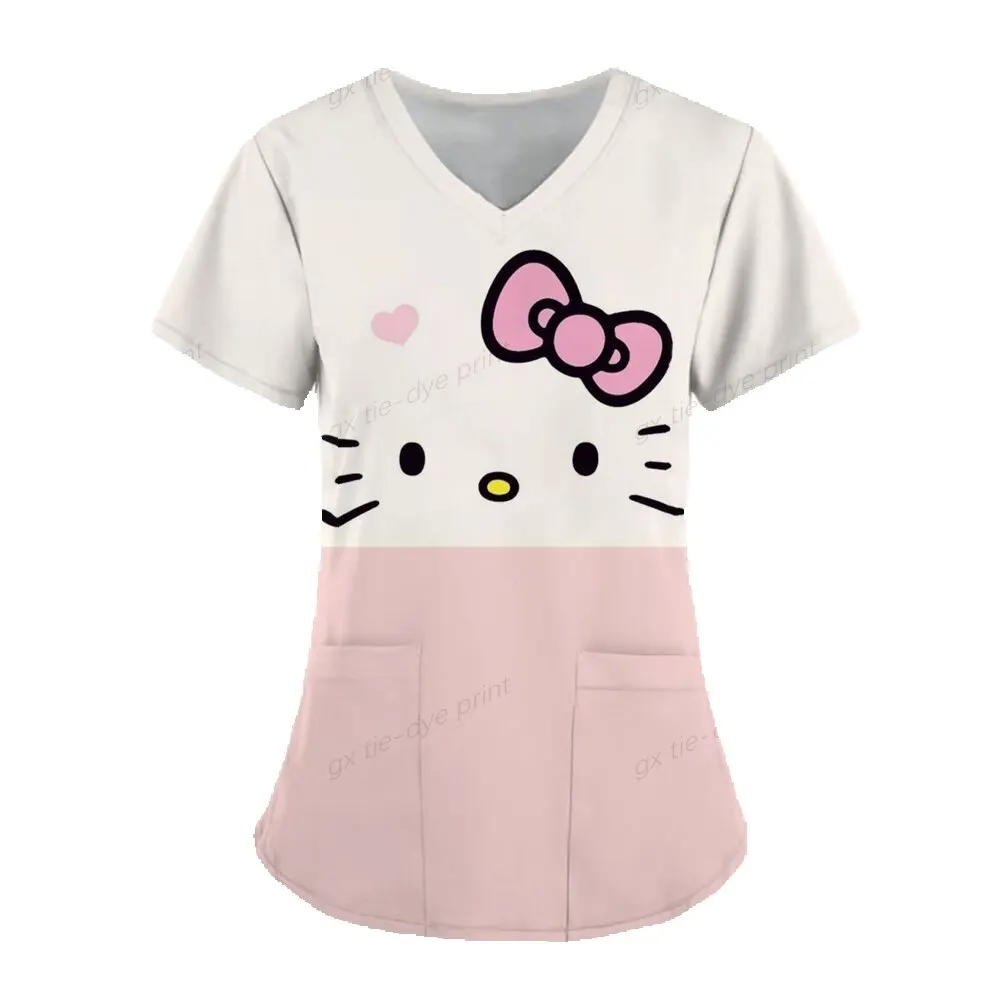 

Kawaii Nurse Uniform Scrubs Tops Womens Cartoon Hello Kitty Print Short Sleeve Pocket Overalls Uniforms Medical Nursing Blouse