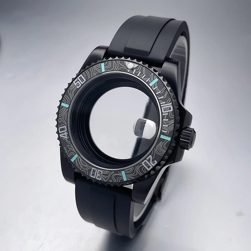 All-Black Sub Style Watch Case with Rubber Strap and Sapphire Crystal