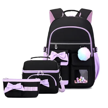 3pcs Elementary School Student Backpack Set Lunch Bag Kids Pencil Bag Middle High Bow School Bags For Girls Teenager Travel Book 1