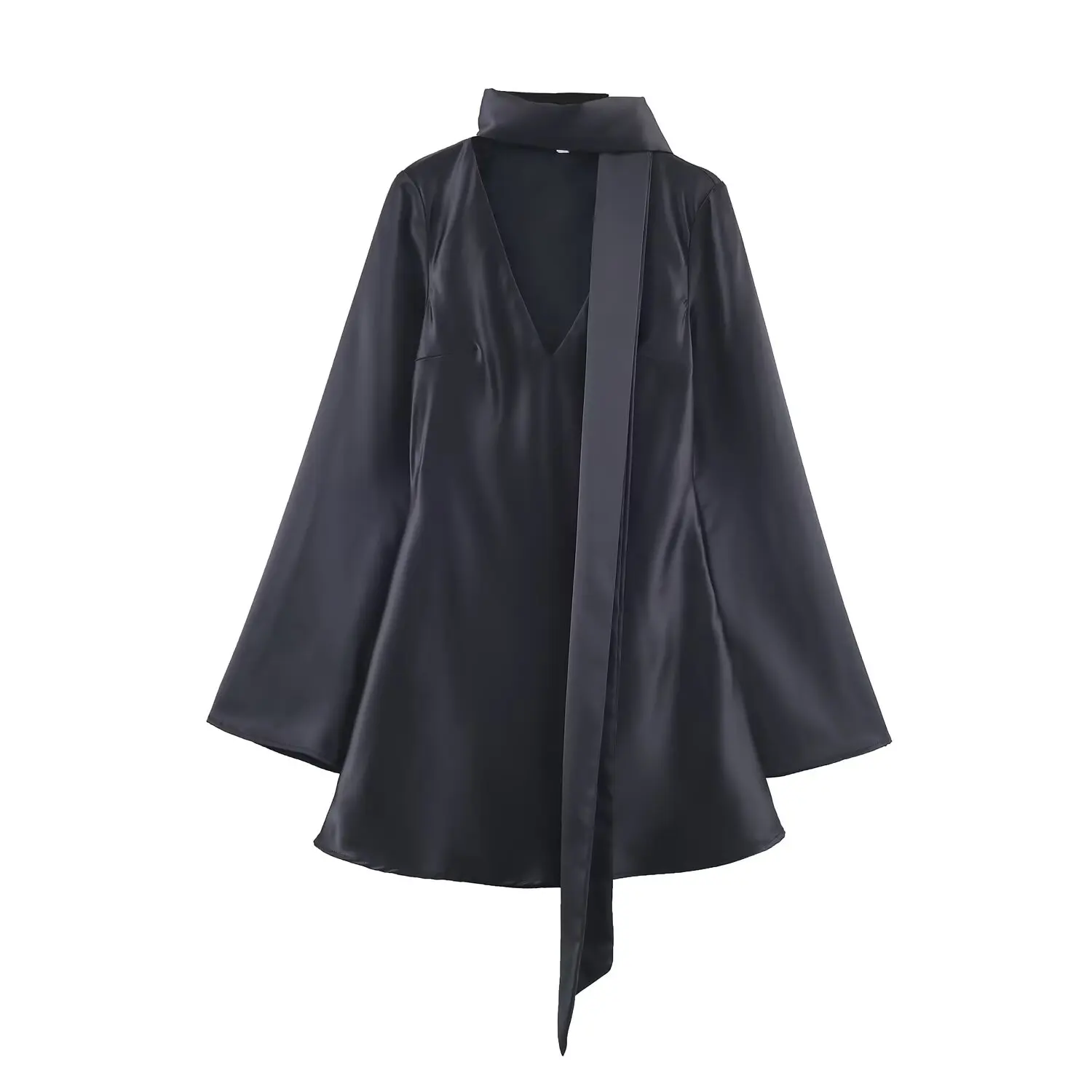 Women's V-Neck Silk Satin Irt Dress Female Slimming Scarf Collar Design Lady High-End Elegant Commuting Office Party Mini Dress