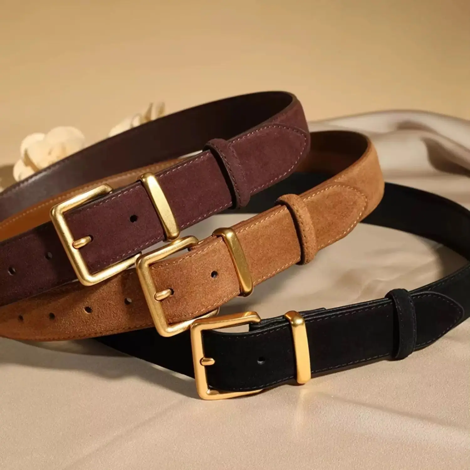 Women's Vintage Luxury Suede Leather Belt with Gold Buckle