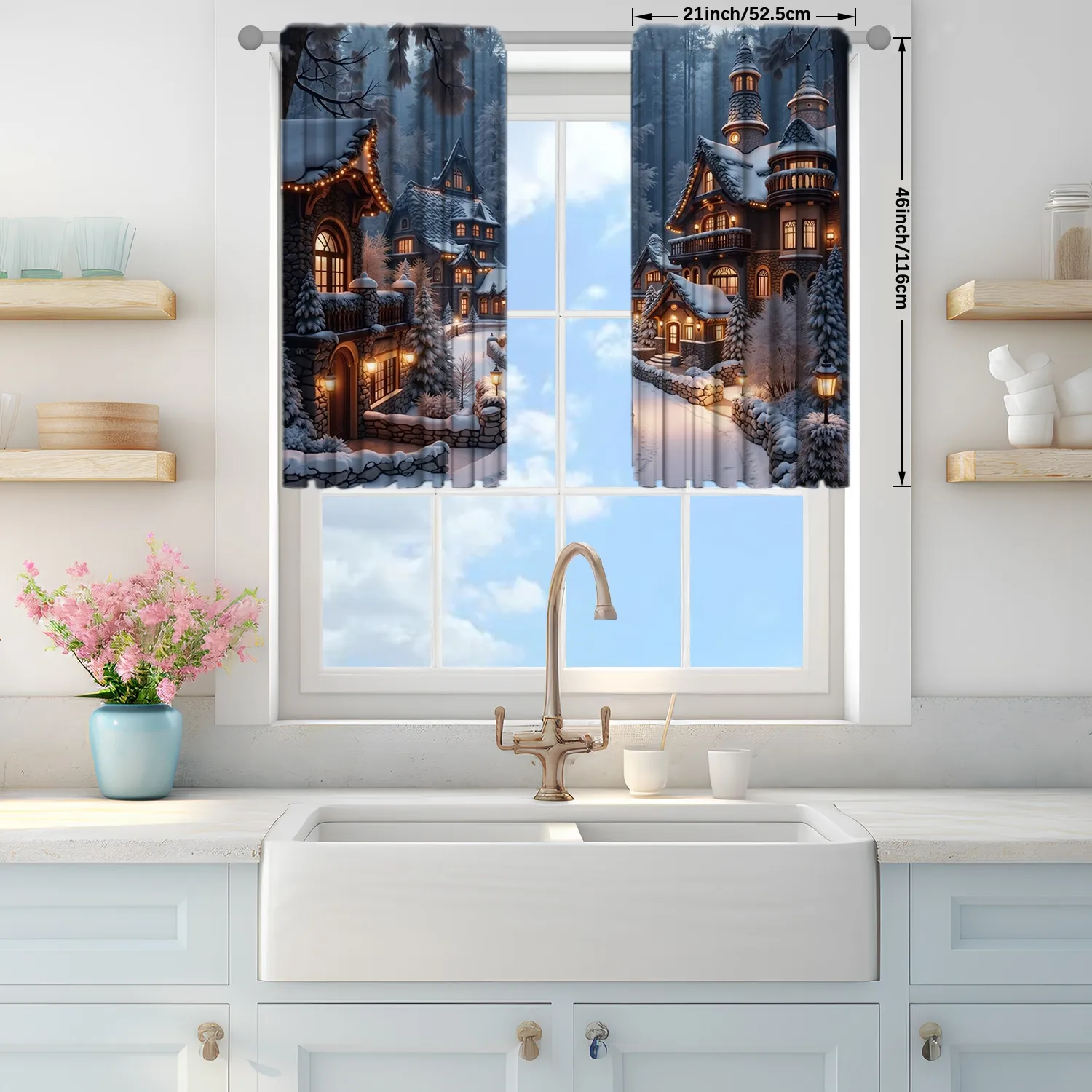 Description Picture 4 of item2pcs Winter Town Snow Scenery Printed Curtain for Christmas Home Decor - Rod Pocket Window Treatment for Bedroom,Office,Kitchen