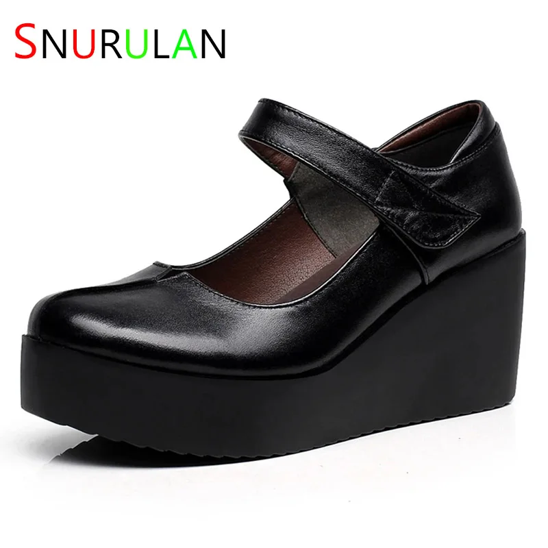 

2023 Spring Leather Women Pumps Platform Wedges Round Toes Ankle Strap Black High Heels Women Shoes women shoes