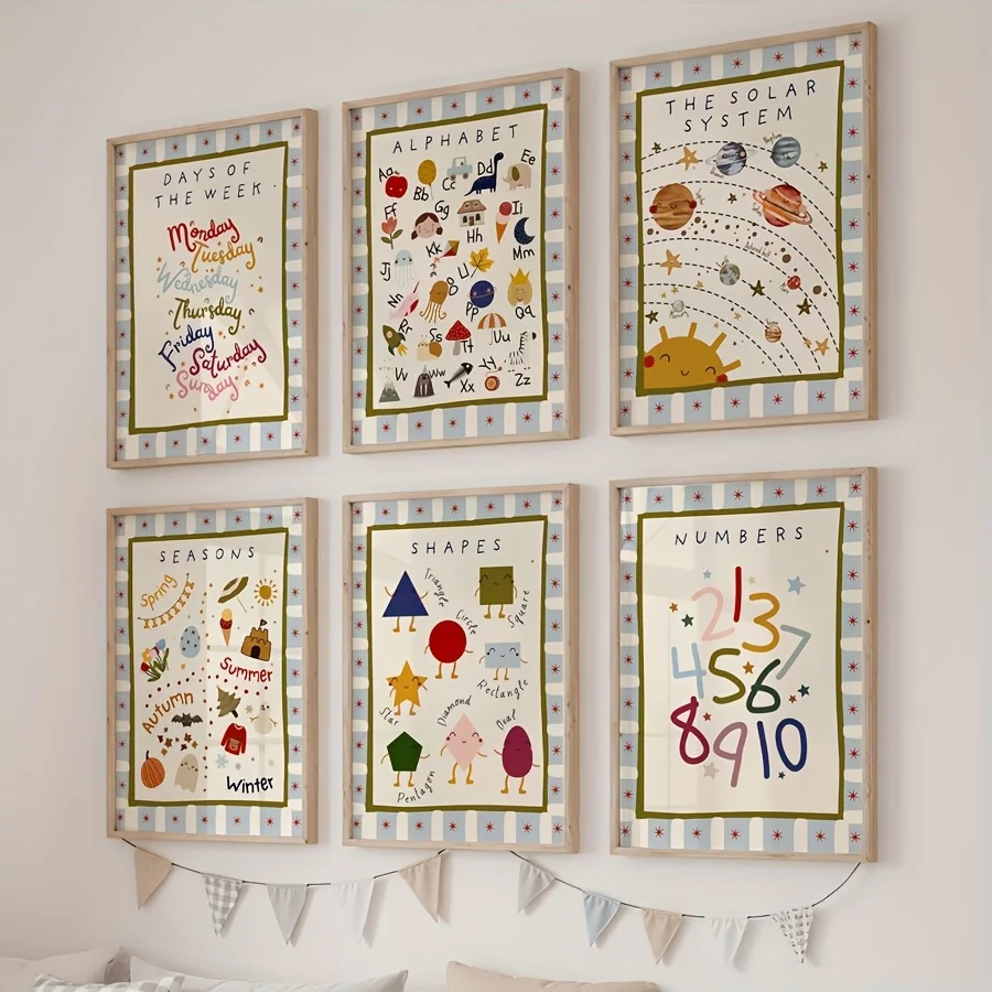 6PCS Sheets/set A Mix of Educational Printed Materials, Bohemian-style Playroom Wall Art, Frameless Letter Posters - 3