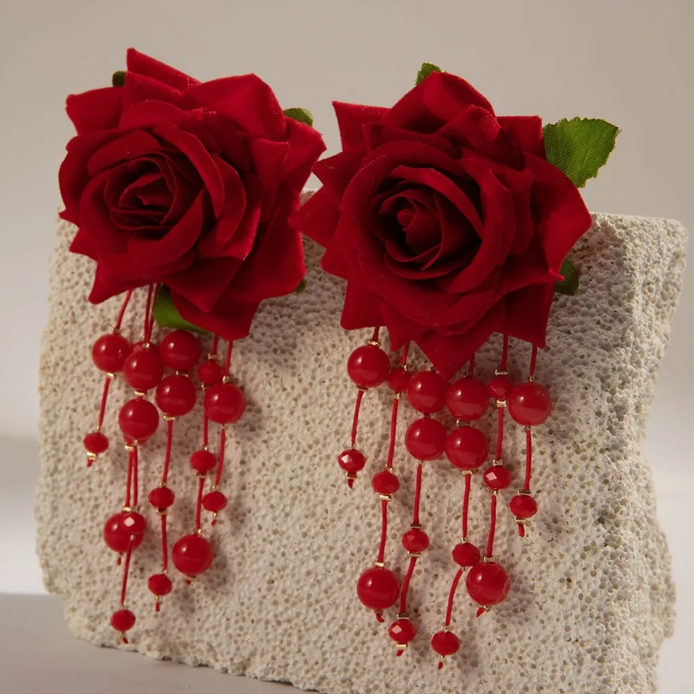 Multicolor Rose Flower Tassel Earrings for Women Party Jewelry