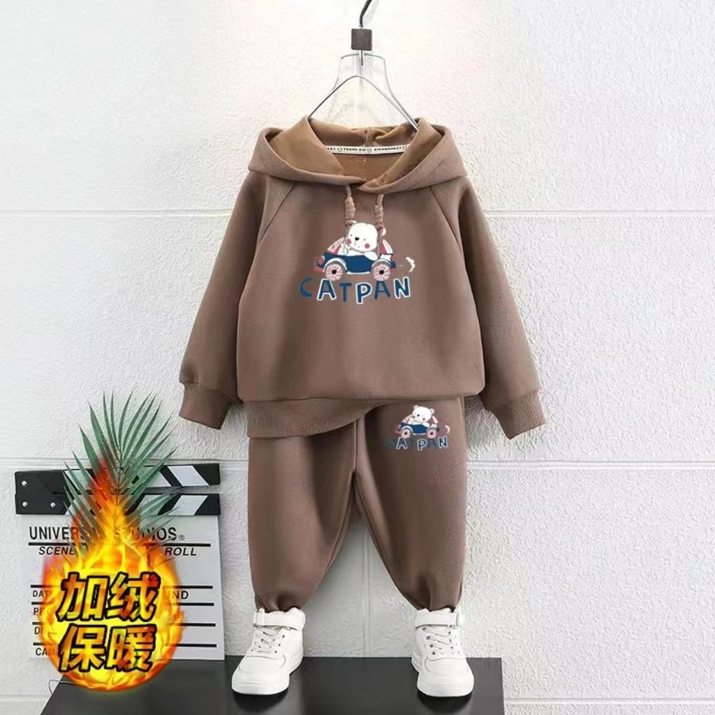 

New Winter Thickened Fleece Children Set Baby Boys Girls Solid Color Hoodies and Pants 2pcs Warm Clothing Suit Kids Outfits