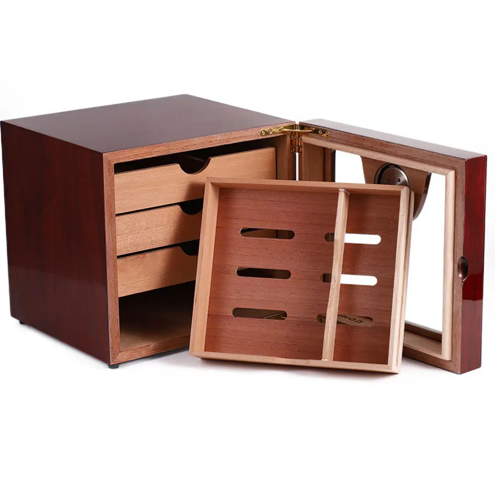 Luxury Cigar Cabinet Humidor Humidor Cedar Wood Lined 3 Layer Drawers Tempered Glass Door
