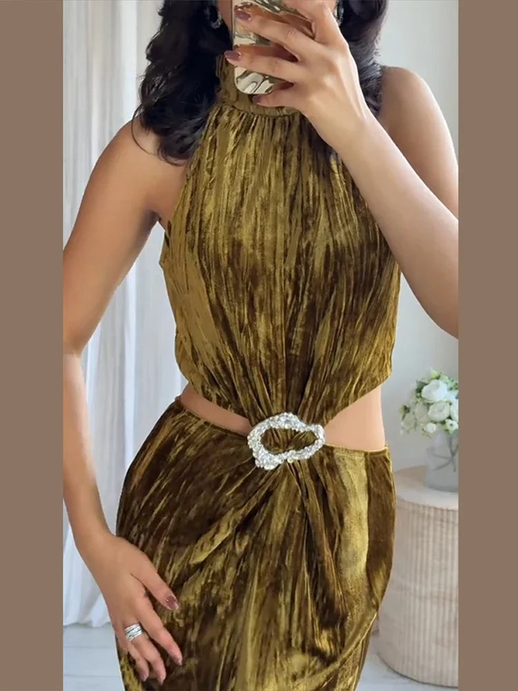 Strass Halfter Ärmel Bodycon Langes Kleid Weibliche Backless Aushöhlen Ärmellose Kleider 2025, Weibliche Abend Party Roben – Detail 12