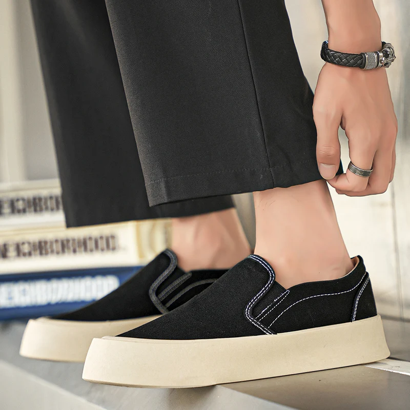 Fashion Platform Canvas Sneakers Men Summer Breathable Comfortable Men's Vulcanized Shoes Casual Green Slip-on Loafers For Men