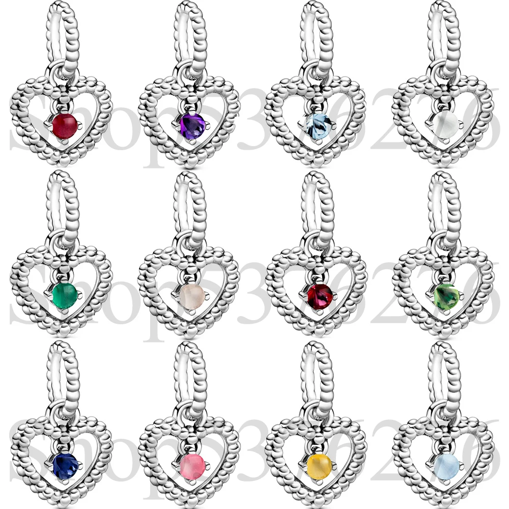 

925 Sterling Silver Bead Beaded Heart Twelve Months Birthstone Dangle Charm Fit Pandora Women Bracelet Bangle Gift DIY Jewelry