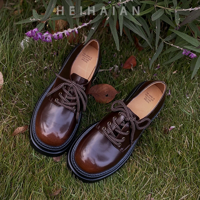 

Heihaian Lace-up Shoes 2023 Four Seasons Can Wear Round Head Thick Soles Of Leather Shoes Retro Style Hong Kong Loafers Women