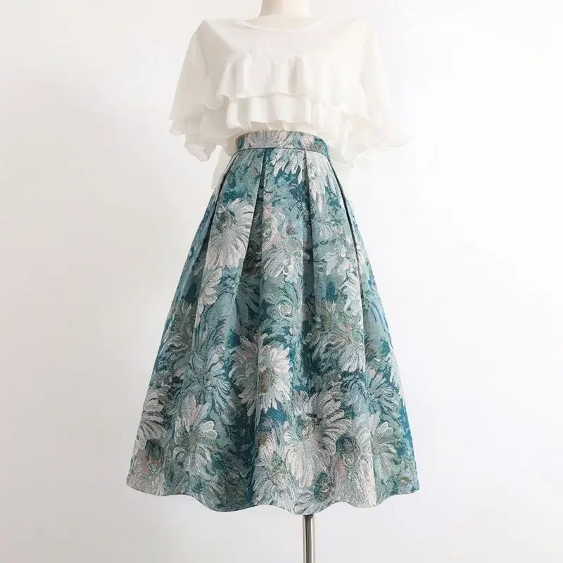 thumbnail image 1 of Falda acampanada de cintura alta y adelgazante de corte A con diseño plisado estampado en azul y blanco, nueva de 2024, ajustada para mujer, 1 of 5