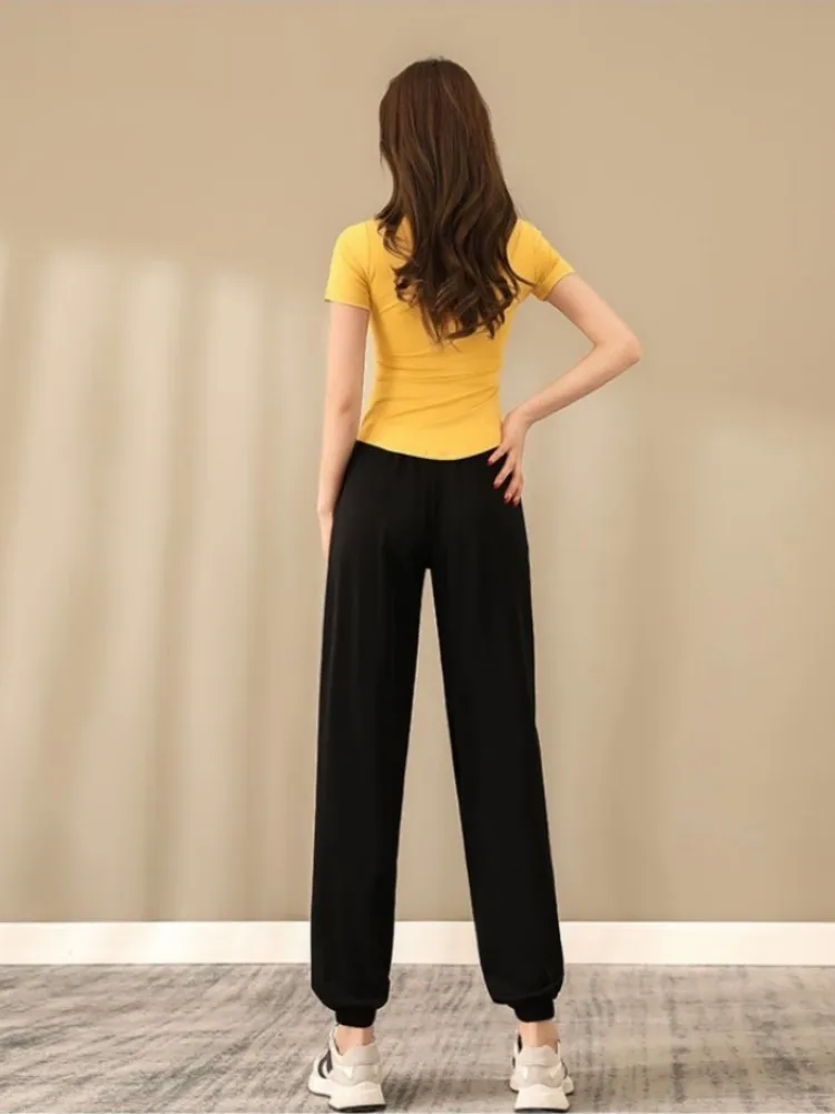 아이스 실크 드로스트링 임산부 바지 여름 얇은 소재 야외 자외선 차단 롱 팬츠 시원한 면 폴리에스터 레저 바지