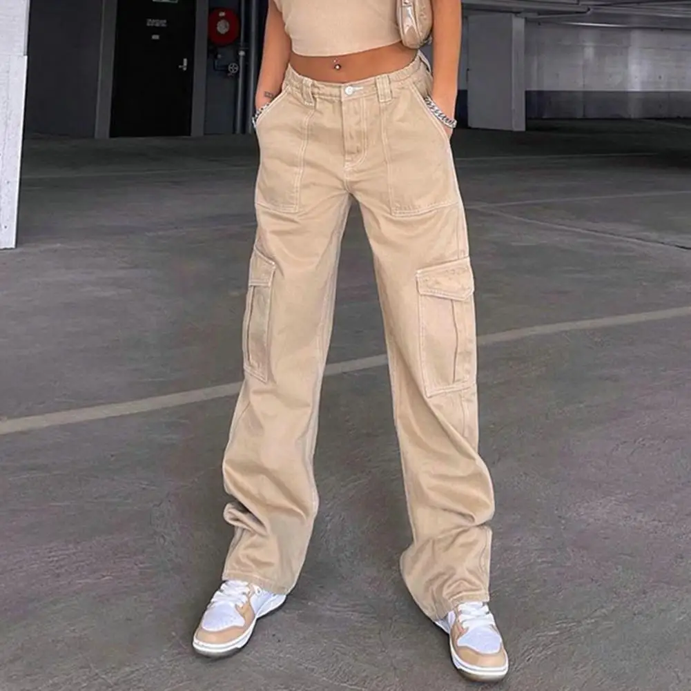 

Women Solid Color Cargo Pants High Waist Straight-leg Buckle Jeans with Pockets Khaki Brown Baggy Casual Trousers