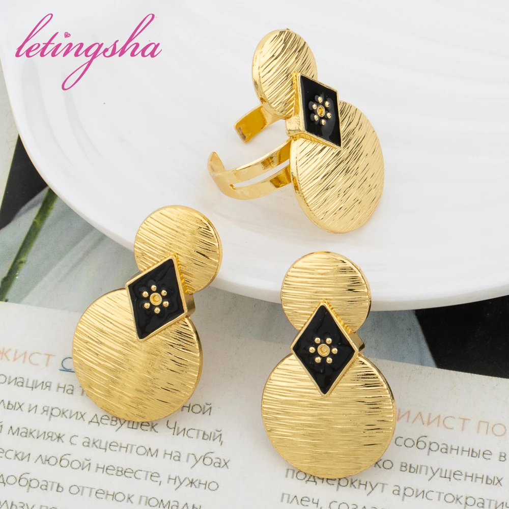 

Ethiopian Dubai Gold Color Earrings and Ring Fashion Luxury Jewelry Sets Classic Gourd Jewelry Set Women Wedding Party Gifts