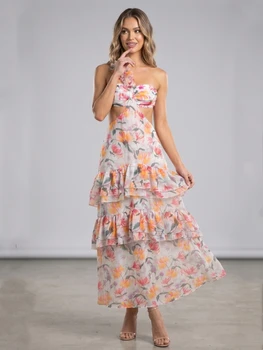 Summer Sexy Straps Printed Flowers Long Dress Women Sleeveless Backless Cut-out Floral Printing Slim Dresses Beach Party hOLIDAY 1