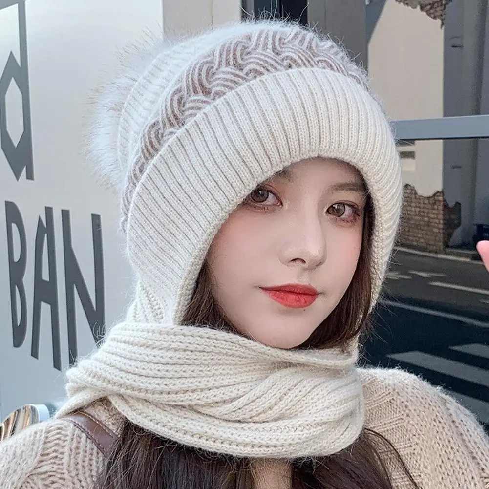 

Women Winter Warm Beanies Hat Scarf Set Breathable One Piece Thick Woolly Knit Hat Scarf Set for Women Warm Lining Caps
