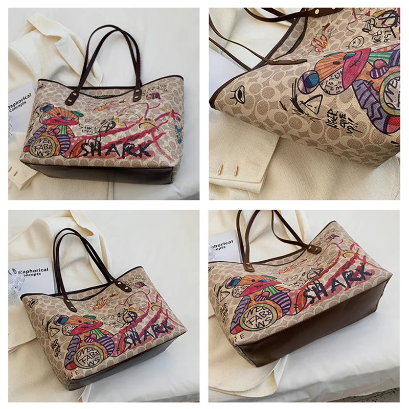 Cartoon Graffiti Women Bags 2023 Luxury Designer Handbag Famous Brand Bear  Printed Leather Shoulder Bag Travel Tote Big Purses