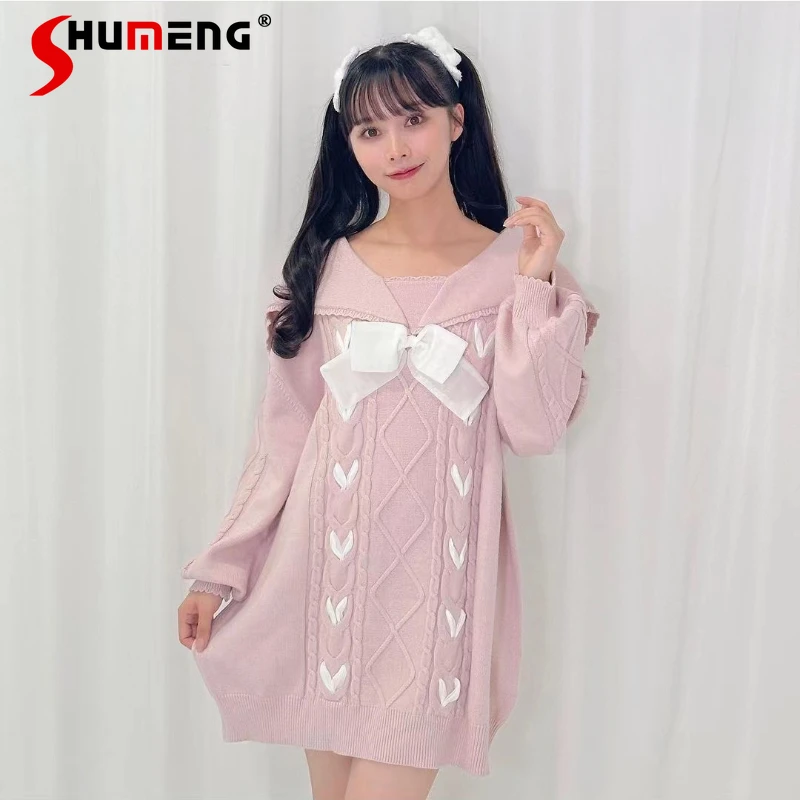 

Japanese Rojita Style SC Y2k Vestidos Sweet Cute Anti-Aging Girl Sailor Collar Series Ribbon Knitted Dress Pullover Sueter Mujer