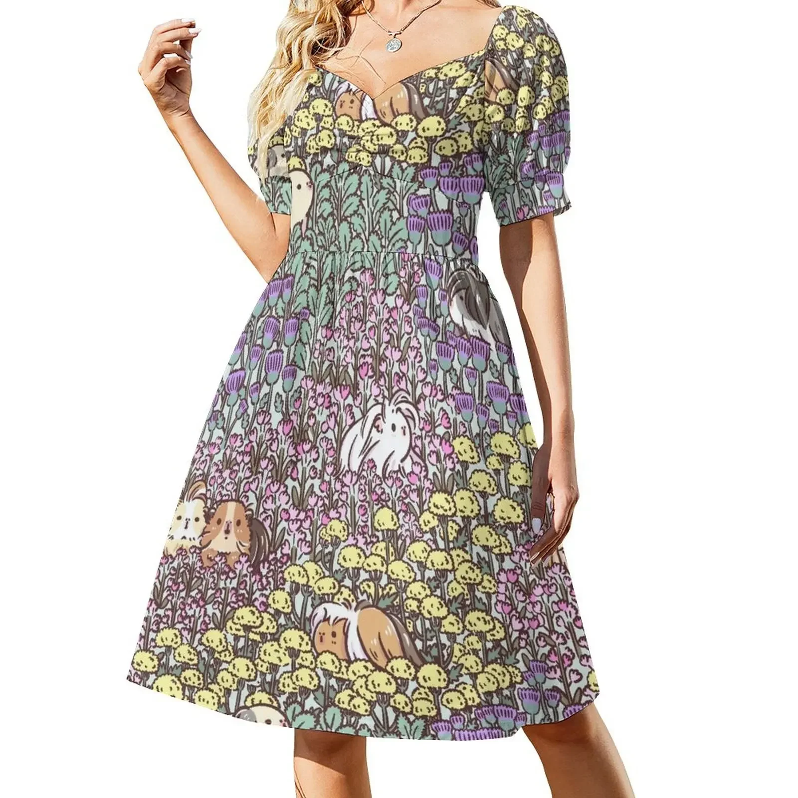 Vestido sin mangas con estampado de cobayas de pelo largo y jardín floral Vestidos largos Vestido de playa Vestidos de mujer Vestido