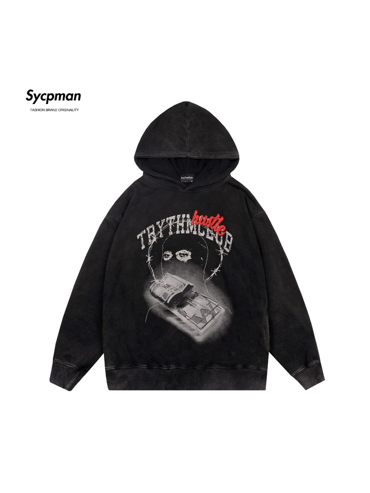 

Sycpman Vintage Character Letter Printing Hooded Sweater Men and Women Autumn Trend Loose Streetwear Casual Hoodies for Couple