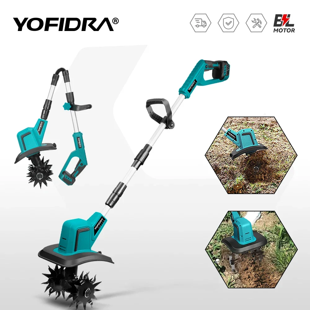 YOFIDRA Brushless Electric Garden Tiller, Lawn Mower Rototiller For Soil Cultivation Garden Tool For Makita 18V Battery Pin