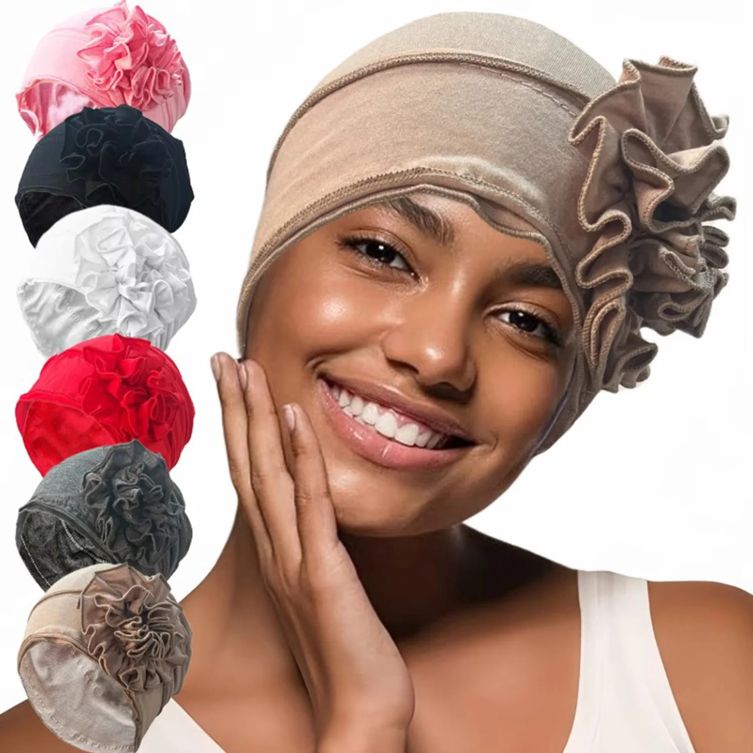 Frauen Hijabs Turban Große Blume Elastische Tuch Haar Bands Hut Beanie Damen Muslimischen Feste Haarausfall Schal Kappe Haar Zubehör