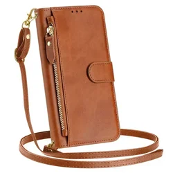 Zipper Wallet Crossbody Leather Book Case Cover for Poco C50 C51 (Brown - Long Strap)