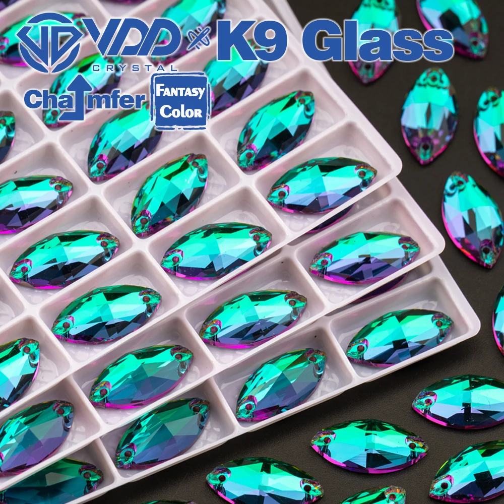 VDD Navette 헬리트로프 컬러 최고 품질 K9 유리, 의류 장 라인석 재봉 크리스탈 플랫백, 9x18mm, 36 개