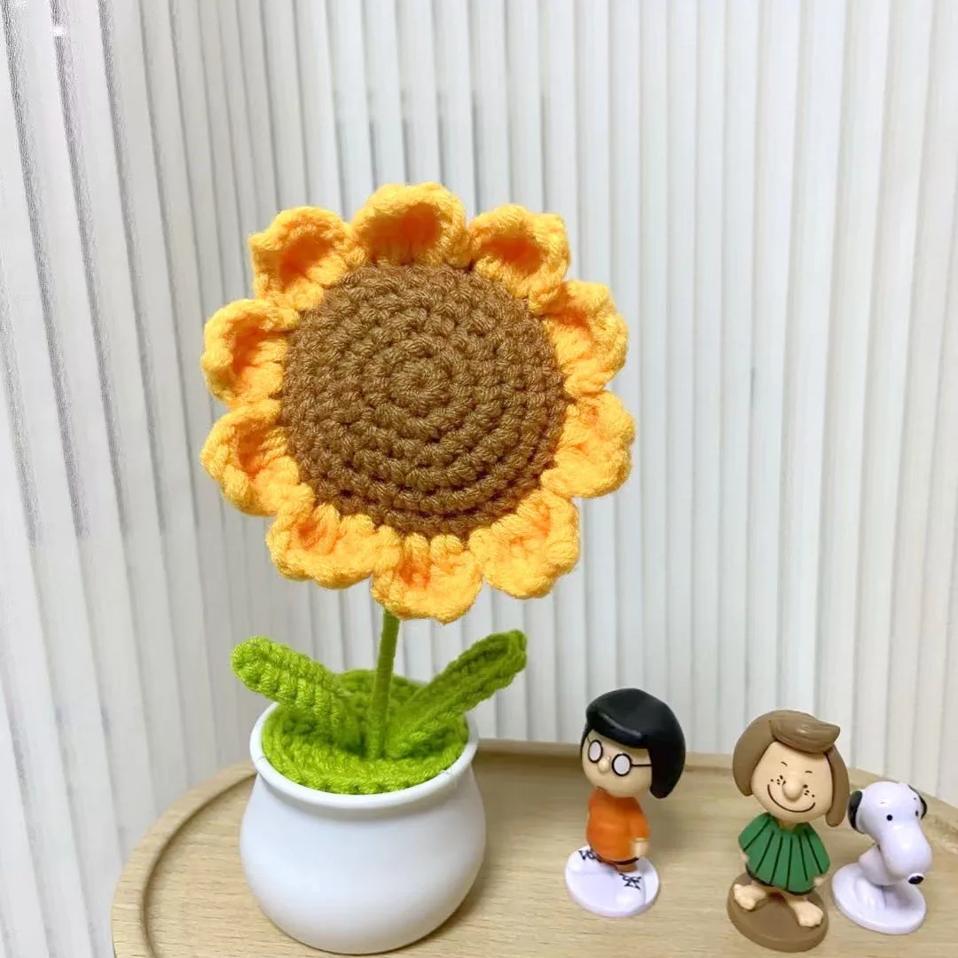 

Hand-knitted Sunflower Tuilp Flower Crochet Rose Flowers Potted Plants Homemade Finished Car Home Desktop Decor Bouquet Gifts