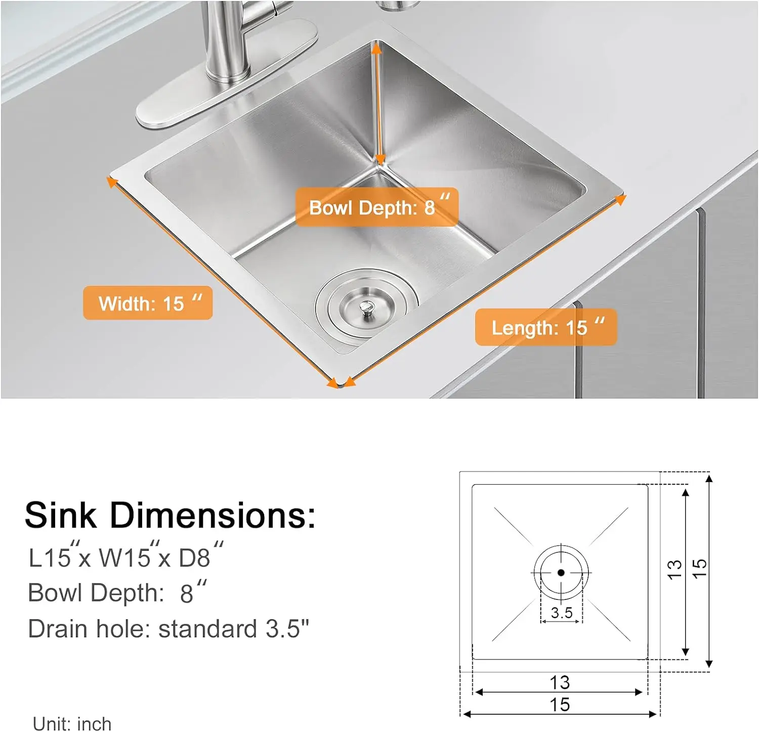 ROVATE Bar Sink ROVATE 15 x 15 inch Undermount Kitchen Sink Handmade Single Bowl T-304 Stainless Steel Small with Strainer