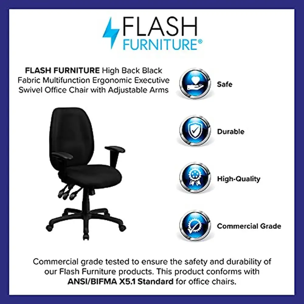 High Back Fabric Executive Swivel Office Chair Adjustable Arms Ergonomic Black Wood Leather Frame 42lbs 28"Wx26"Dx39.5"H 3