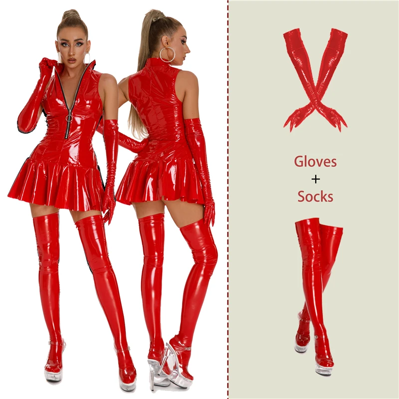 

Женское блестящее платье AIIOU из искусственной кожи, эротическое нижнее белье, мини-платья, костюмы хозяйки, горячее порно, на молнии, Открытая грудь, экспозиция