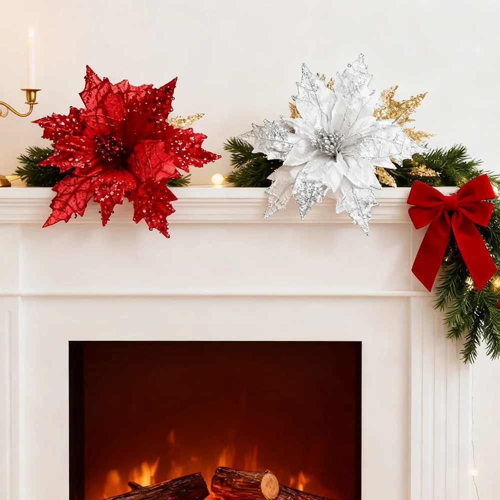 2 Stück künstliche Weihnachtsblumen, glitzernde und mit Pailletten verzierte Weihnachtssterne aus Stoff, künstliche Weihnachtsblumen zum Selbermachen