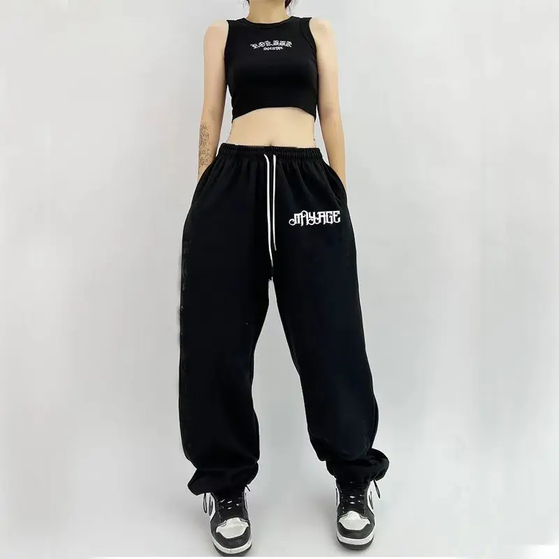 

American Retro Lazy Style Wide Leg Pants Women Solid Stripes Elastic High Waist Drawstring Loose Casual Straight Sports Trousers