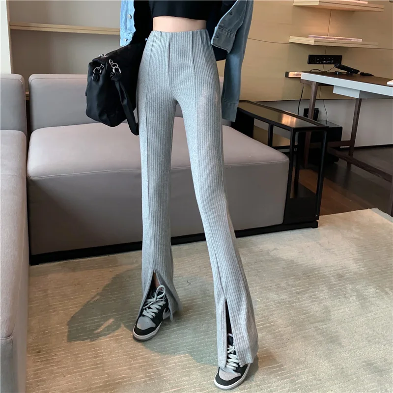 2022 Pants Women's Autumn and Winter New High Waist Slim Body Solid Flare Pants Gray Sports Pants Straight Knit Casual Trouser