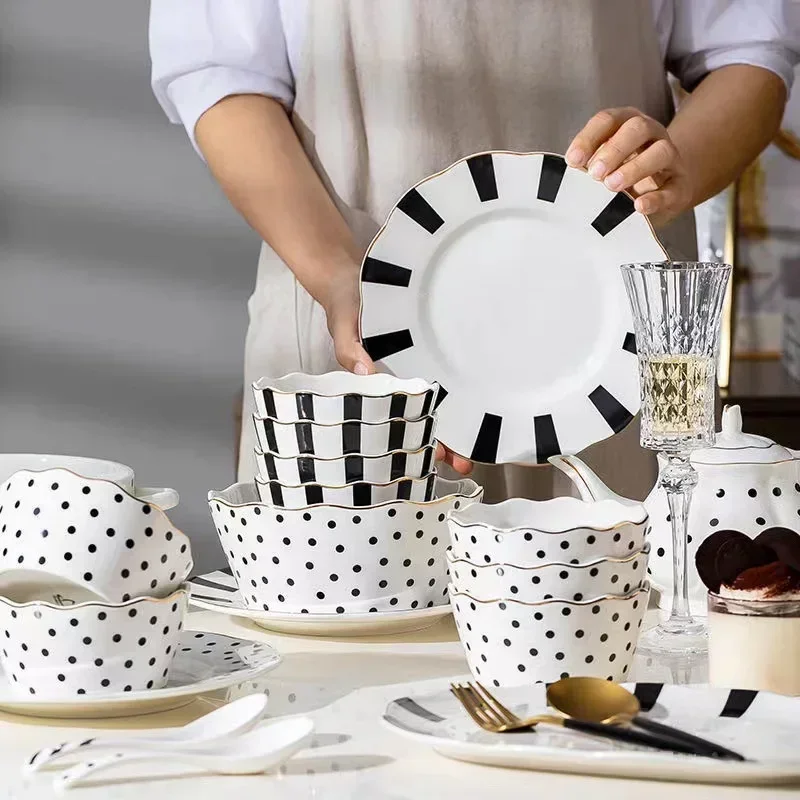 White With Gilt Porcelain Rim Plates For Dinner Food Service Dishes Soup Salad Bowl Ceramic Source Coffee Set Polka Dot Gifts