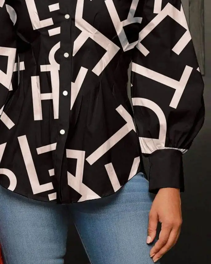 European and American women's clothing 2024 summer new women's casual Letter Print lantern sleeve button down shirt