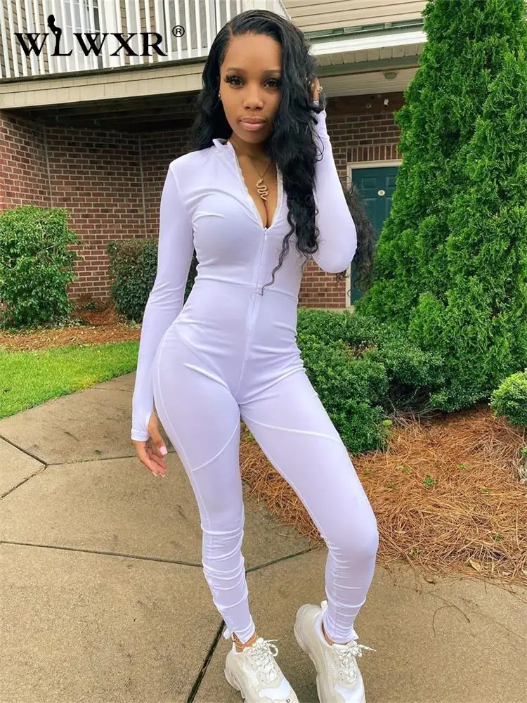 

WLWXR Fall White Patchwork Jumpsuit For Women Tracksuit One Piece Casual Outfits 2022 Pink V Neck Long Sleeve Bodycon Jumpsuit