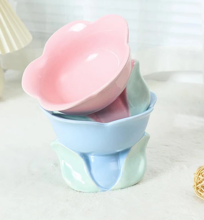Flower Shape Ceramic Protection Bowl Lovely Large Caliber Drinking Water Food Dog Cat - PeticaDeals