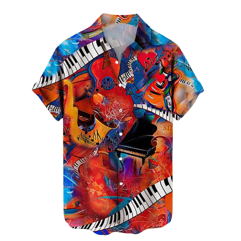 Camisetas con gráficos de guitarra musical para hombres, ropa con estampado 3D, camisetas de rock hip hop, camisetas de manga corta para playa Ahloa, blusas con solapa para hombres
