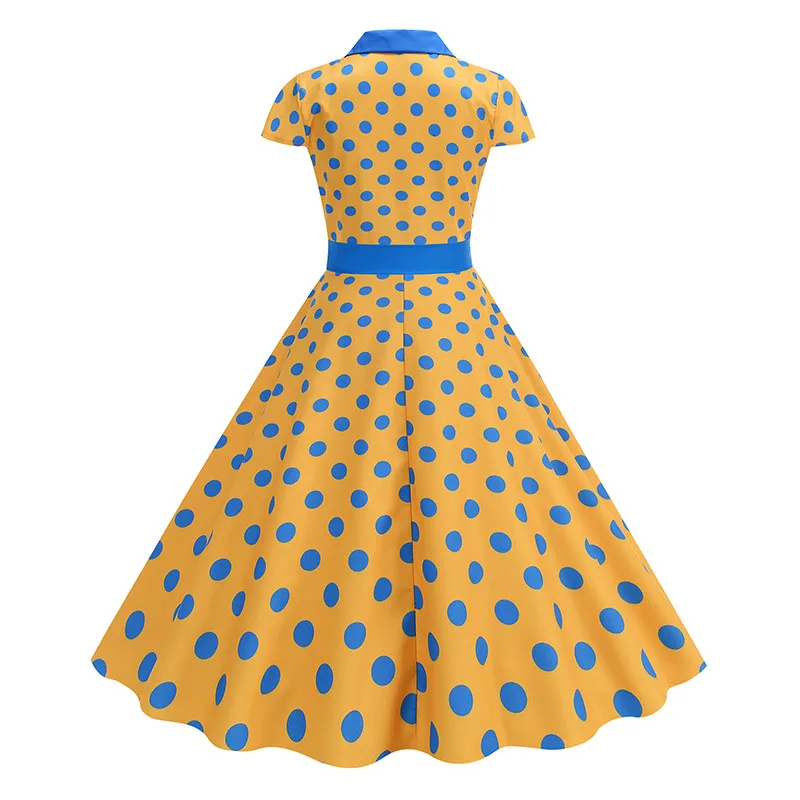 Elegantes Vintage 1950er Jahre Damen Sommerkleid Polka Dot Print Umlegekragen Party Sommerkleid mit Gürtel – Detail 4