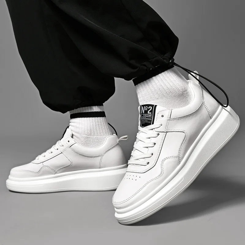 Luxury Leather Elevator Shoes Men's Sneakers Height Increasing Shoes Invisible 7CM Heighten Sports Shoes Taller Lift White Shoes 4