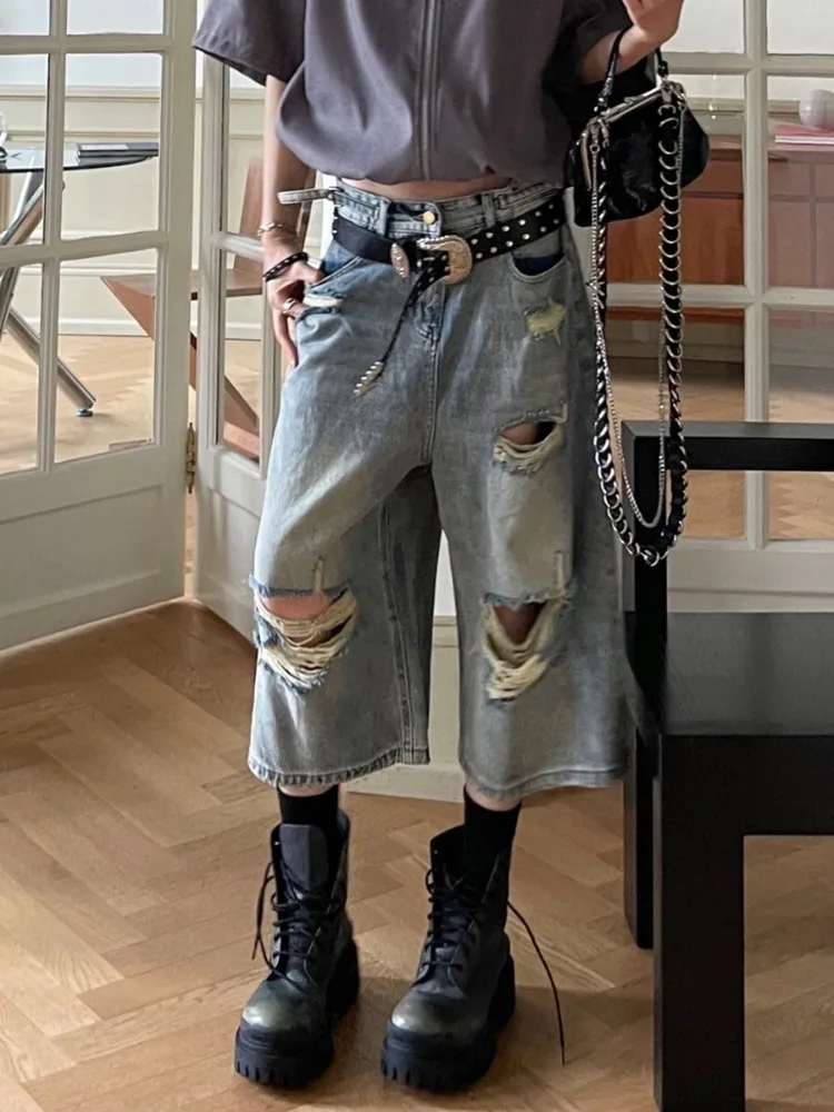 

HOUZHOU Vintage Blue Ripped Short Jeans Women Oversized Distressed Jorts Y2k Grunge Baggy Boyfriend Denim Shorts Wide Streetwear