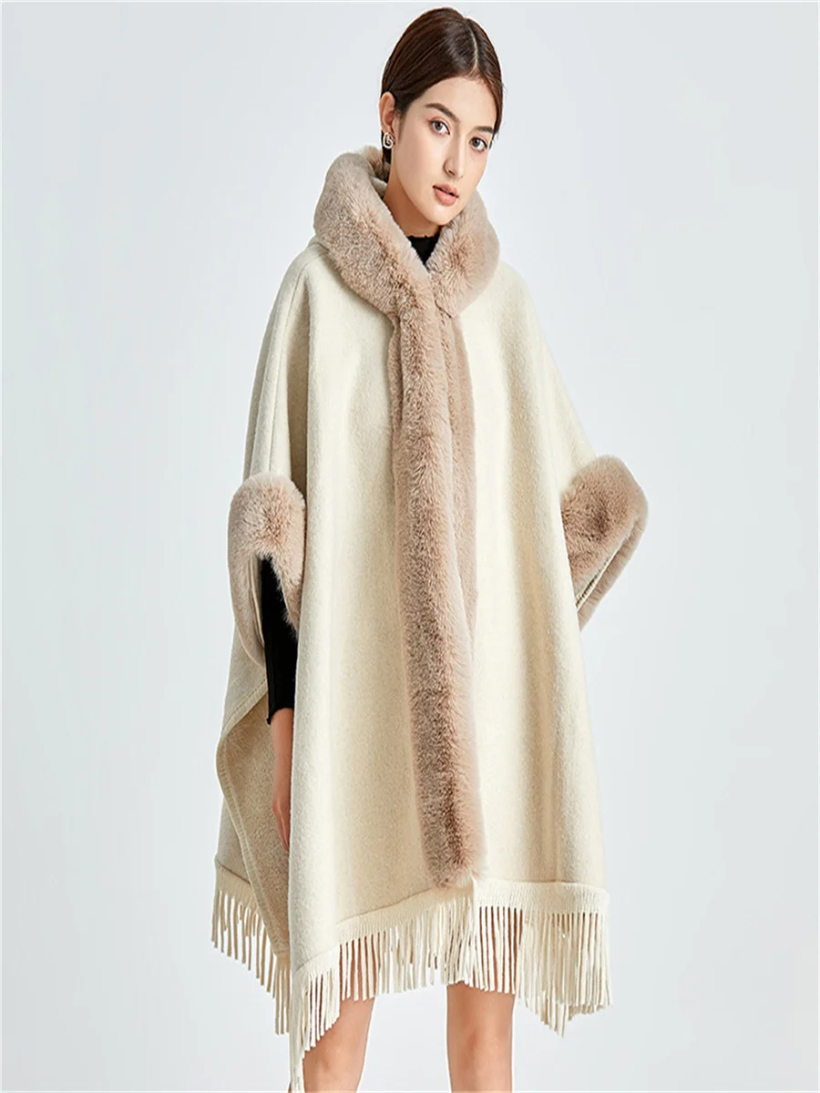 Women Winter Cloak Thick Poncho Coat With Hooded Faux Fur Collar Big Pendulum Batwing Sleeves Loose Cardigan Tassel Shawl Cape