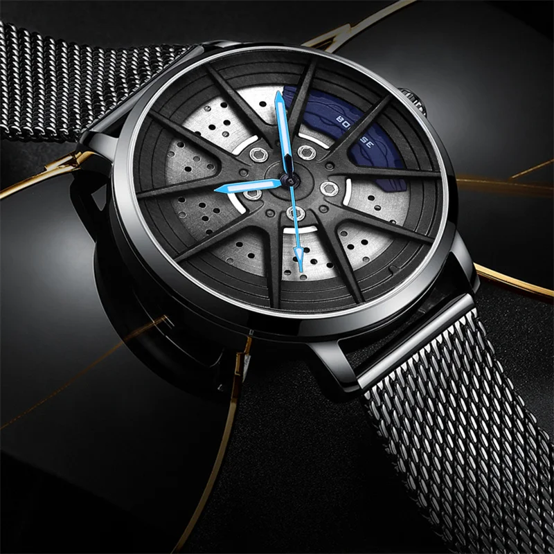 BORUSE Fashion Mens Car Wheel Watches Mesh Belt Waterproof Watch Luminous Clock Men Quartz Wristwatch relogio masculino