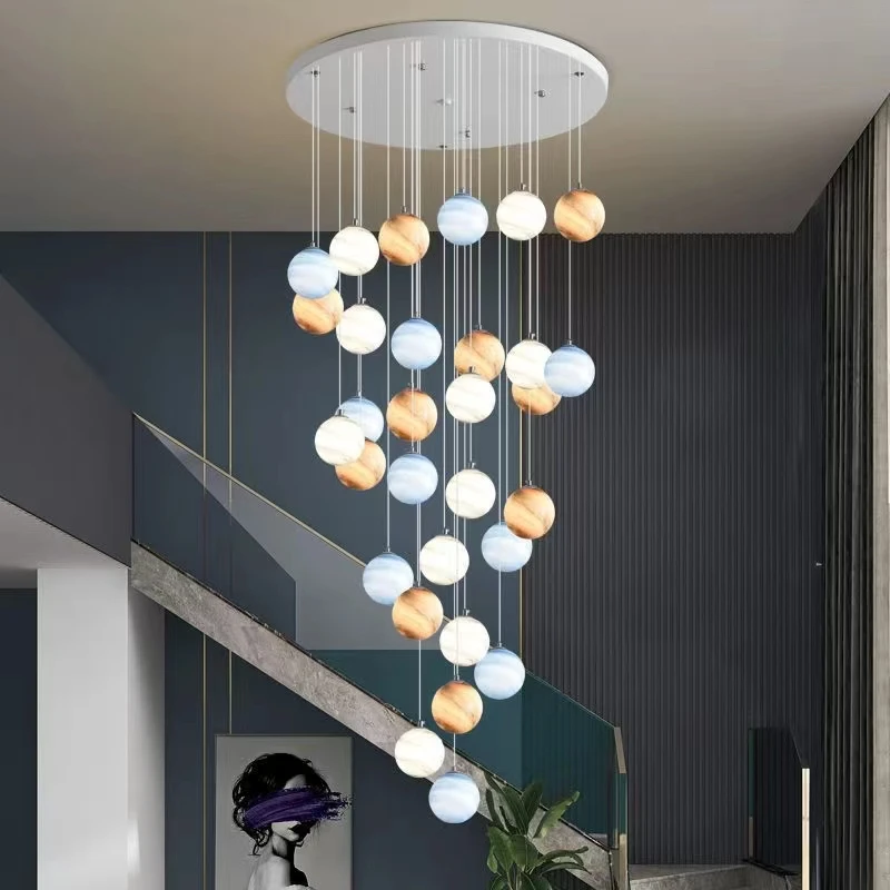 

Postmodern Rotating Duplex Grand Staircase Pendant Lamps Villa Apartment Light Luxury Simple Nordic Glass Ball Long Chandeliers