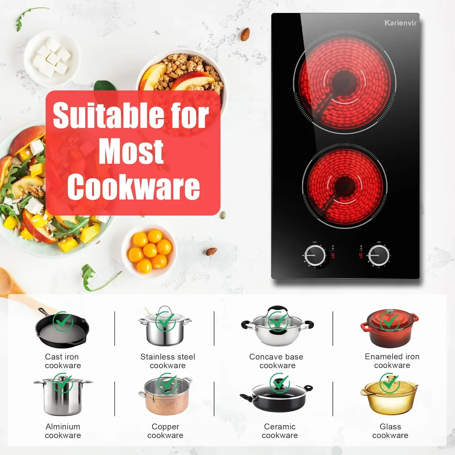 Electric Cooktop 2 Burners, Knob Control, Plug in Electric Stove 110v, 2000w, 9 Power Levels, Countertop & Built-in Ceramic Cook 6